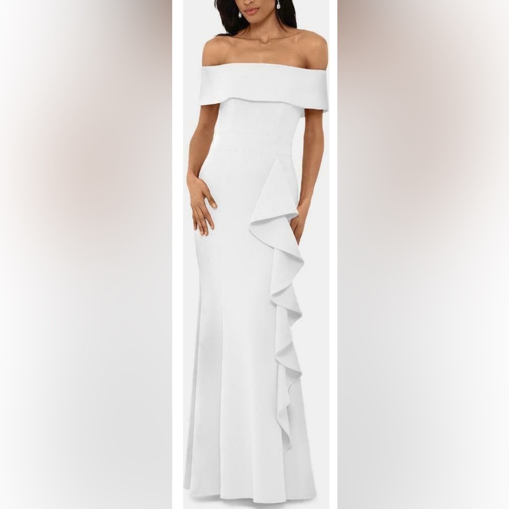 NEW BETSY & ADAM Womens WHITE Carina Long Off Shoulder Ruffle Dress